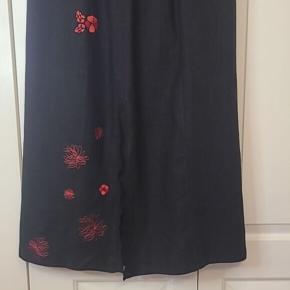 Harvé Benard Black Linen Red Floral Embroidered Maxi Skirt vintage Size 16 - Picture 7 of 11